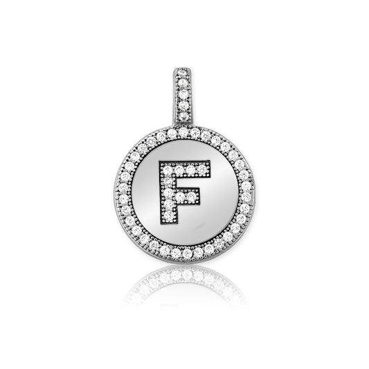 Sterling Silver, Micro Pave Circle "F" Pendant W/Chain