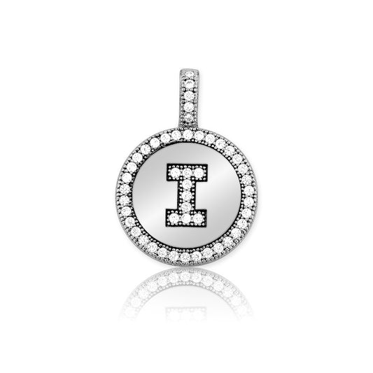 Sterling Silver Micro Pave Circle "I" Pendant W/Chain