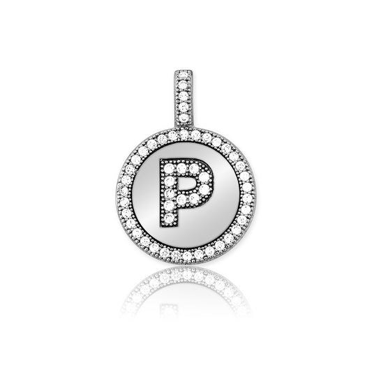 Sterling Silver Micro Pave Circle "P" Pendant W/Chain