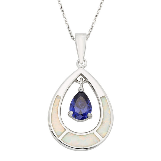 Sterling Silver, White Inlay Opal Open Oval w/Blue Teardrop CZ Pendant