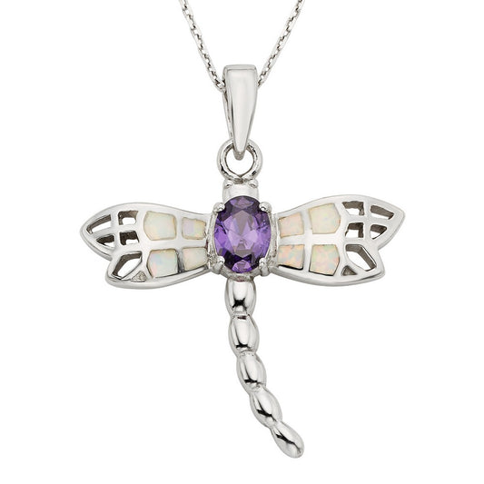 Sterling Silver, White Inlay Opal Dragonfly w/Center Oval Amethyst CZ Pendant