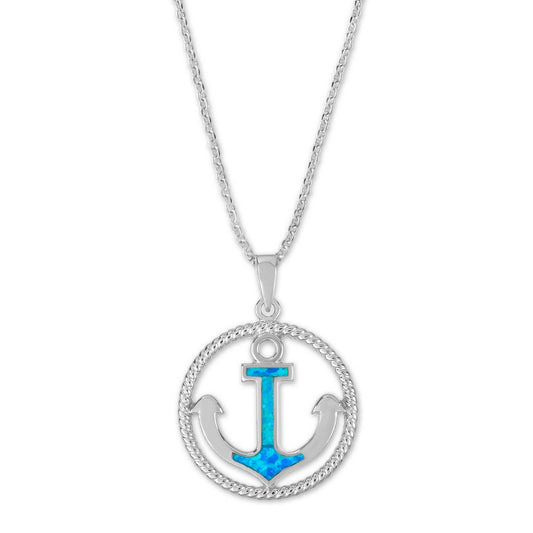Sterling Silver Open Rope Design Circle with Center Large Blue Inlay Opal Anchor Pendant