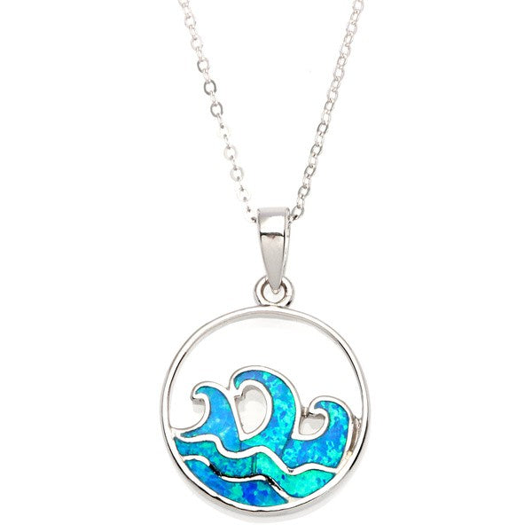 Sterling Silver Open Circle with Blue Inlay Opal Waves Pendant