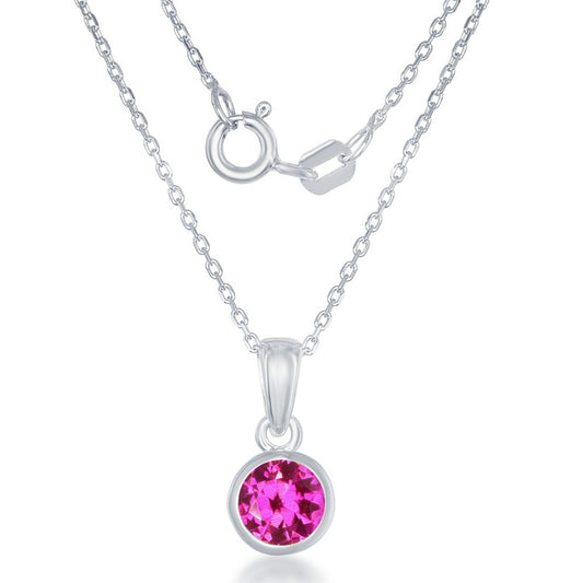 Sterling Silver, "July" Bezel Set Pendant w/Chain - Created Ruby