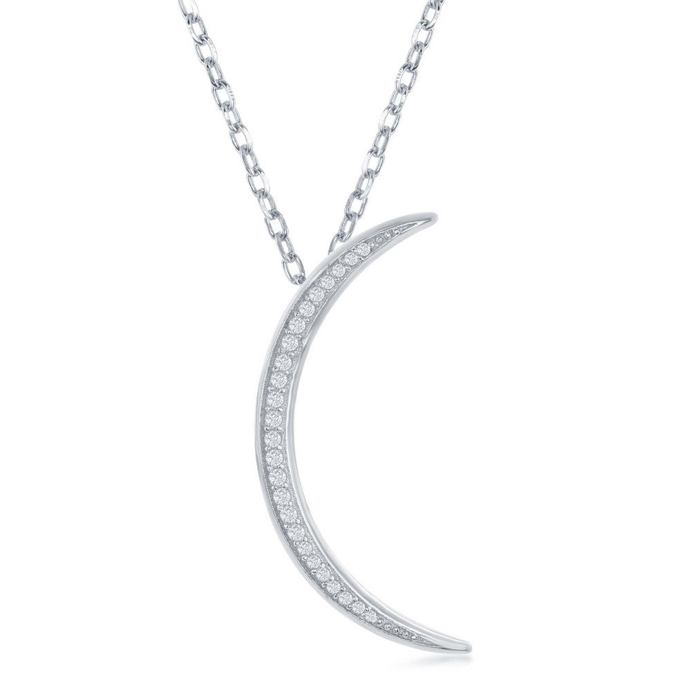 Sterling Silver Thin CZ Crecent Moon Pendant