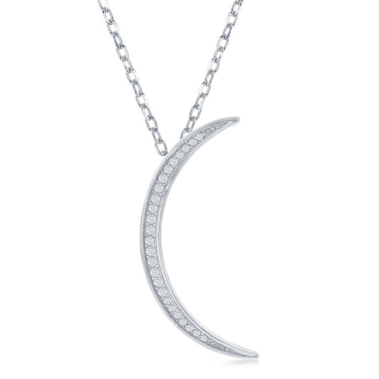 Sterling Silver Thin CZ Crecent Moon Pendant