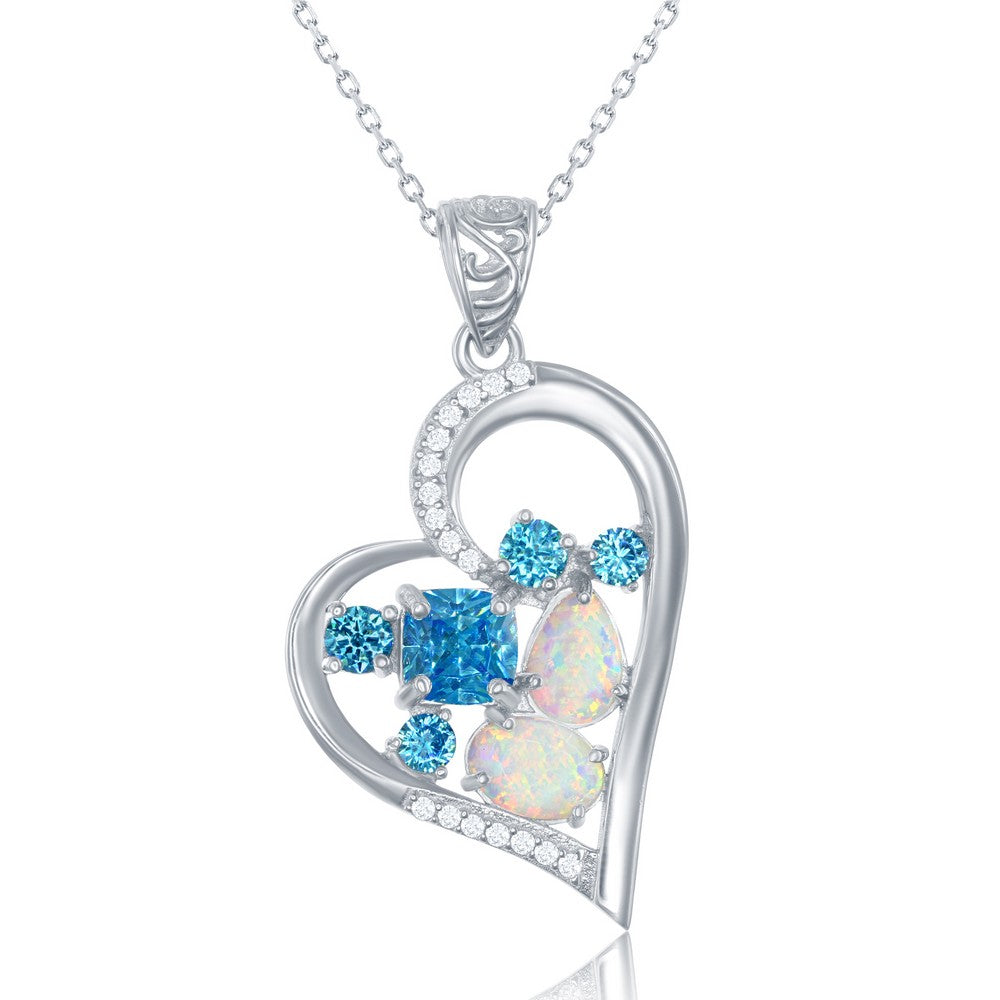 Sterling Silver Multi-Shaped Blue CZ & White Opal with CZ Border Heart Pendant