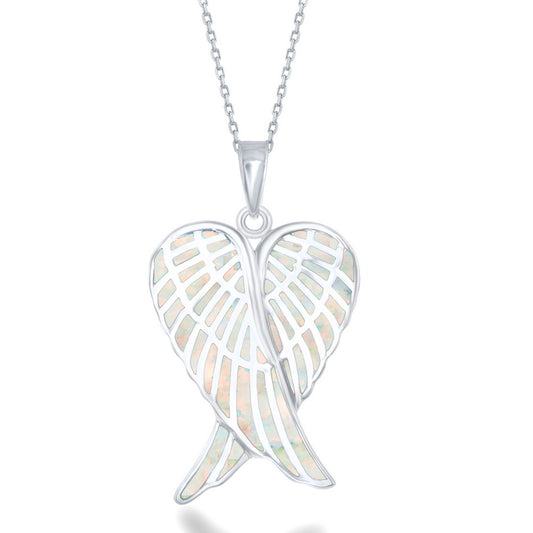 Sterling Silver White Inlay Opal Angel Wings Pendant
