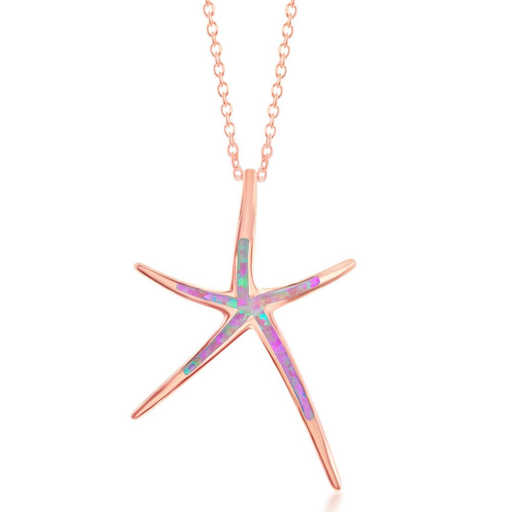 Sterling Silver, Pink Inlay Opal Starfish Pendant - Rose Gold Plated