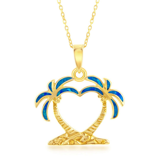 Sterling Silver, Blue Inlay Opal Two Palm Trees Pendant - Gold Plated