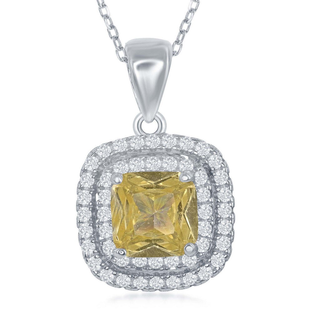 Sterling Silver Double CZ Square Border with Center Yellow CZ Pendant