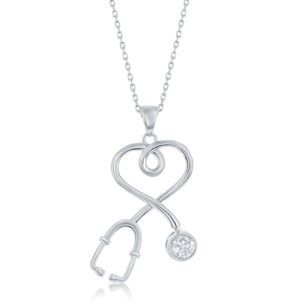 Sterling Silver, Heart Stethoscope CZ Pendant