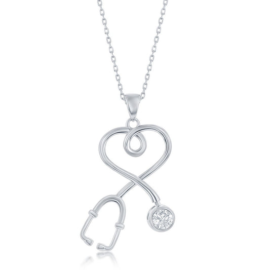 Sterling Silver, Heart Stethoscope CZ Pendant