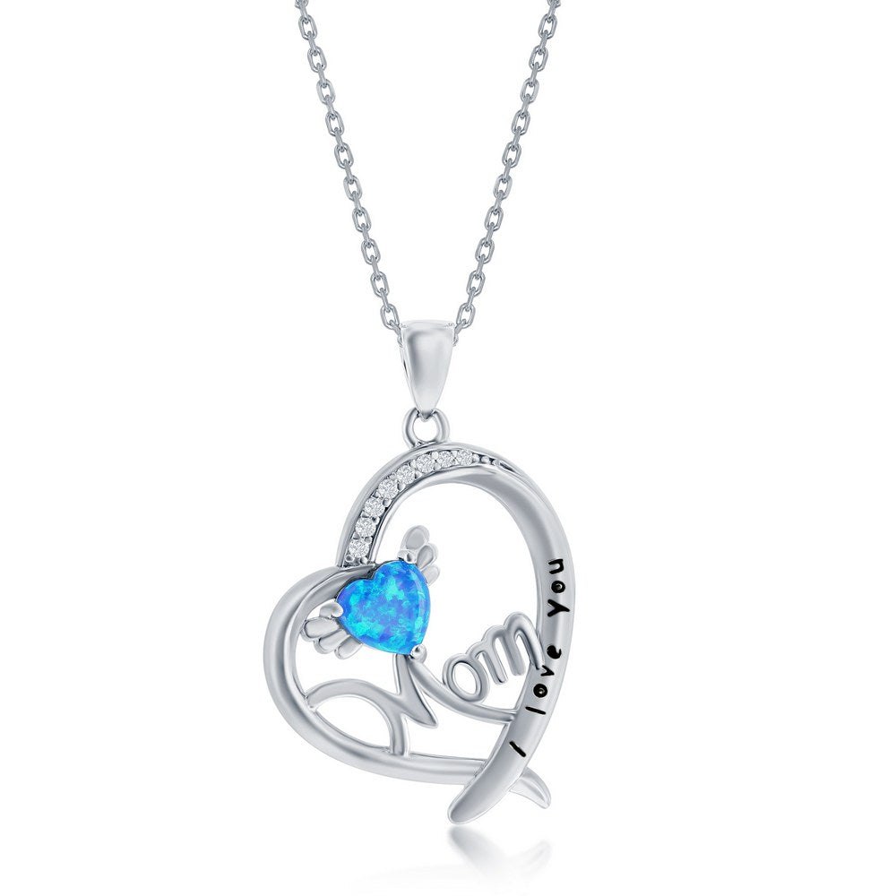 Sterling Silver, 'I Love You, Mom' Angel Wing, CZ Heart Pendant - Blue Opal