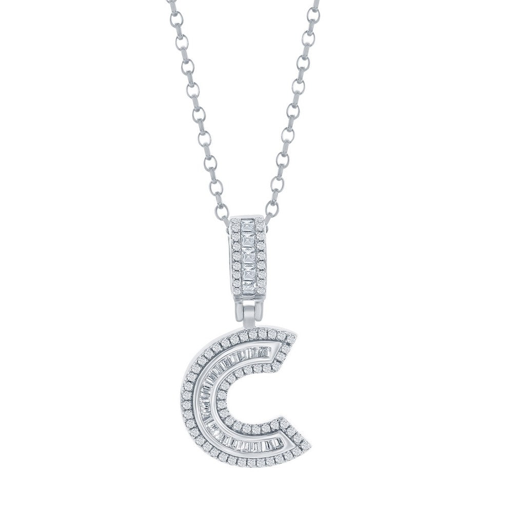 Sterling Silver, 'C' Baguette CZ Initial Pendant w/Chain