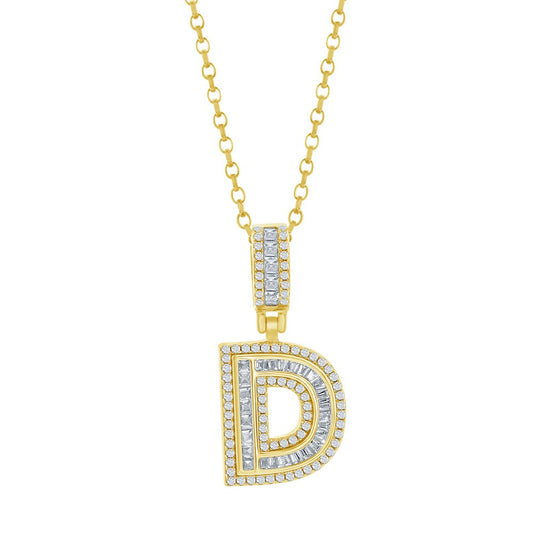 Sterling Silver, 'D' Baguette CZ Initial Pendant w/Chain - Gold Plated