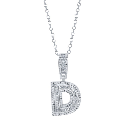 Sterling Silver, 'D' Baguette CZ Initial Pendant w/Chain