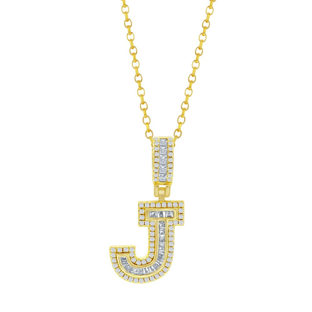 Sterling Silver, 'J' Baguette CZ Initial Pendant w/Chain - Gold Plated