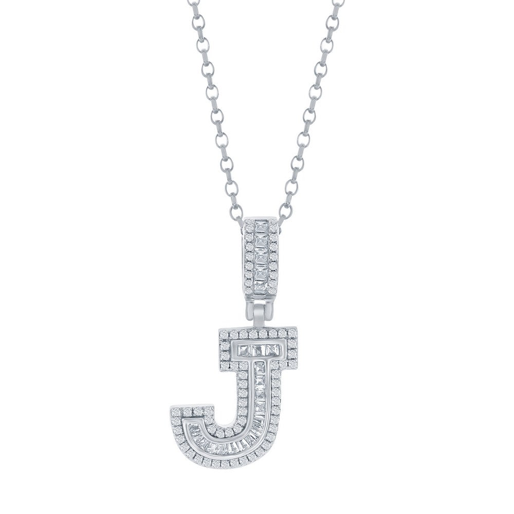 Sterling Silver 'J' Baguette CZ Initial Pendant w/Chain