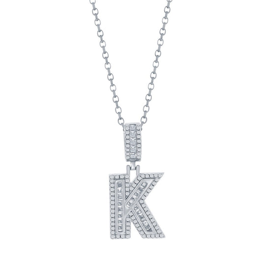 Sterling Silver 'K' Baguette CZ Initial Pendant w/Chain