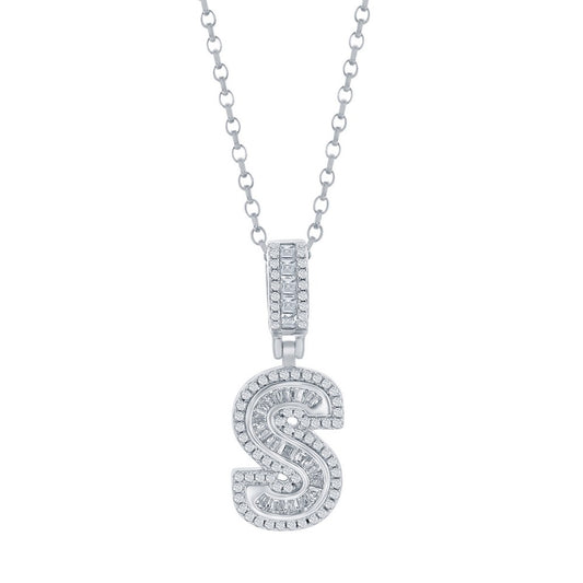 Sterling Silver 'S' Baguette CZ Initial Pendant w/Chain
