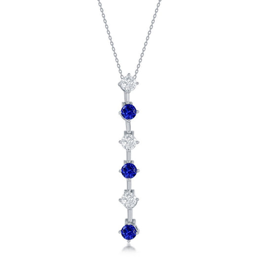 Sterling Silver, Round White & Sapphire CZ Long Pendant