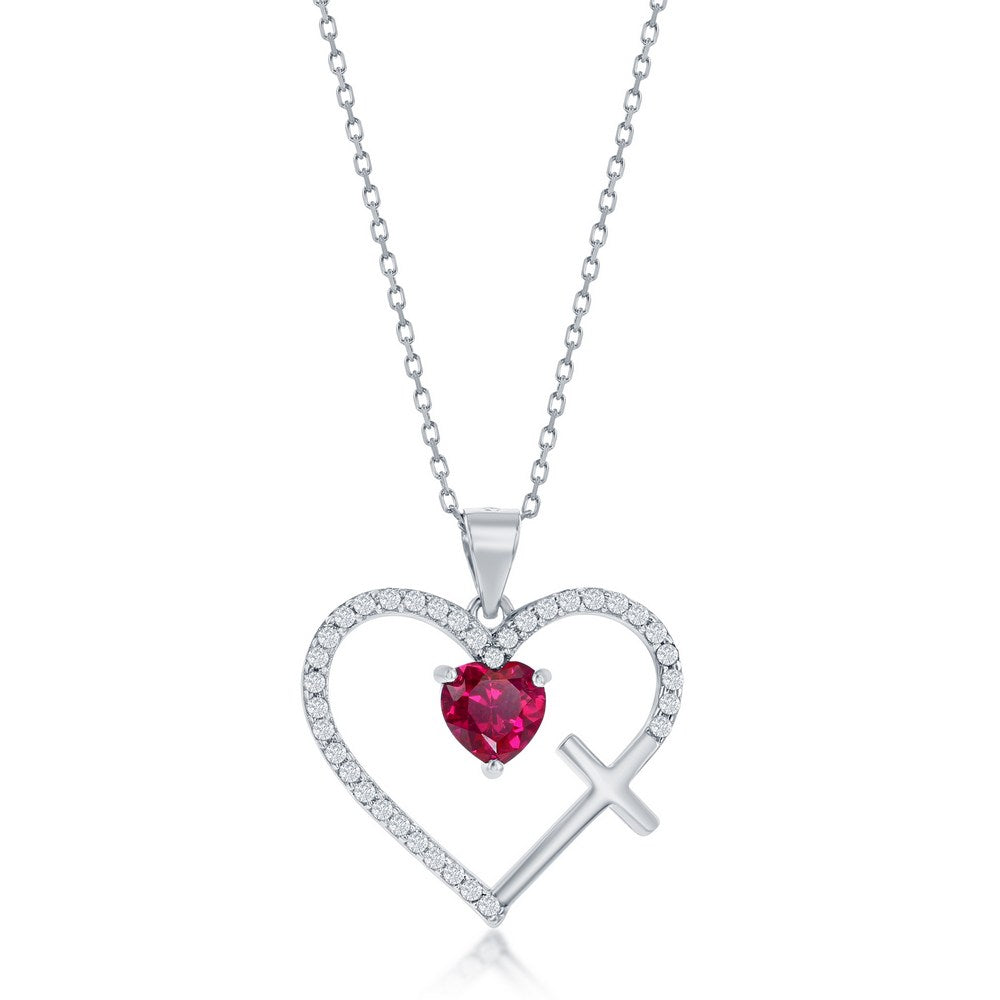 Sterling Silver, CZ Cross & Heart Pendant - Ruby CZ