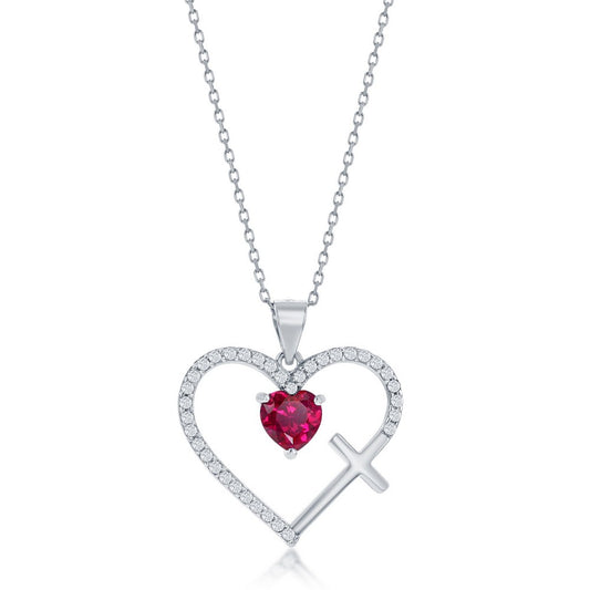 Sterling Silver, CZ Cross & Heart Pendant - Ruby CZ