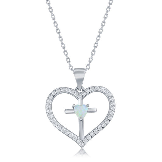Sterling Silver, CZ Cross Heart Pendant - White Opal