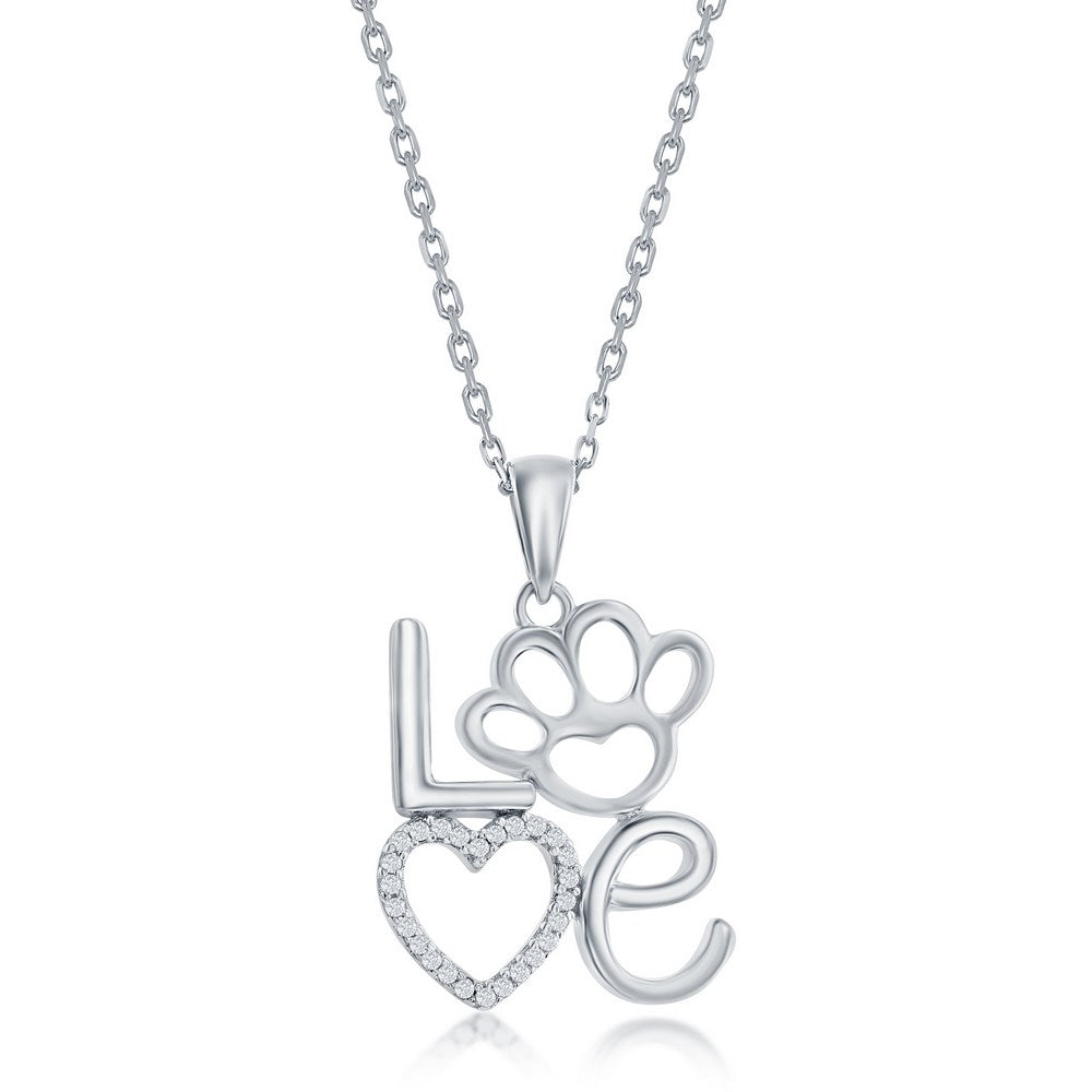 Sterling Silver, 'LOVE' w/Open CZ Heart and Paw Print Pendant