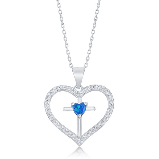Sterling Silver, CZ Cross Heart Pendant - Blue Opal