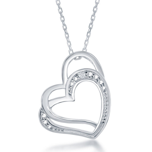 Sterling Silver. Double Open Heart Diamond Accent Pendant w/Chain
