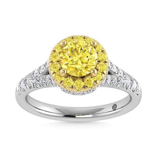 14K White Gold Lab Grown Round Shape Yellow Diamond 1 7/8 Ct.Tw. Engagement Ring (Head 18K Yellow Gold)