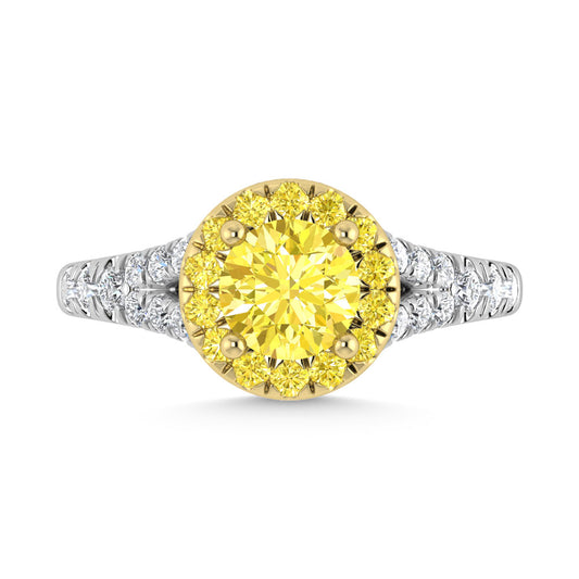 14K White Gold Lab Grown Round Shape Yellow Diamond 1 7/8 Ct.Tw. Engagement Ring (Head 18K Yellow Gold)