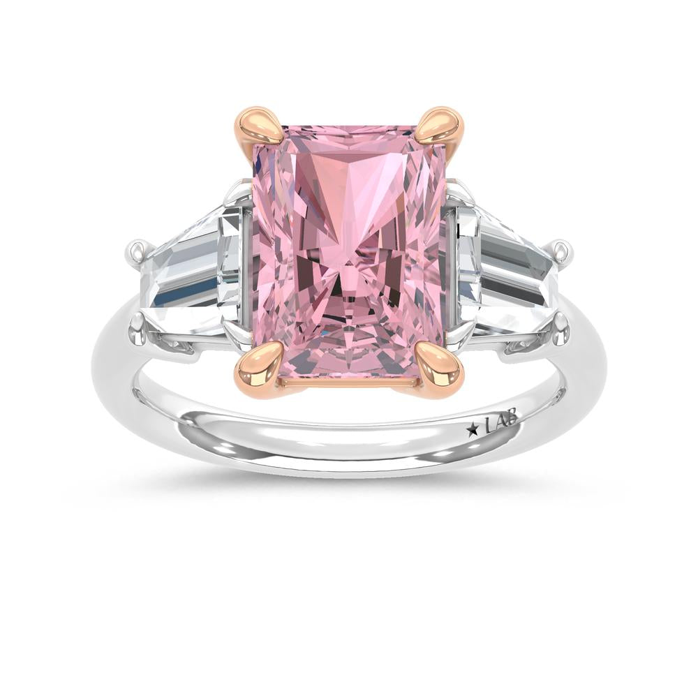 14K Two Tone Lab Grown Diamond 4 1/5 Ct.Tw. Pink Radiant Engagement Ring (Center 3ct)