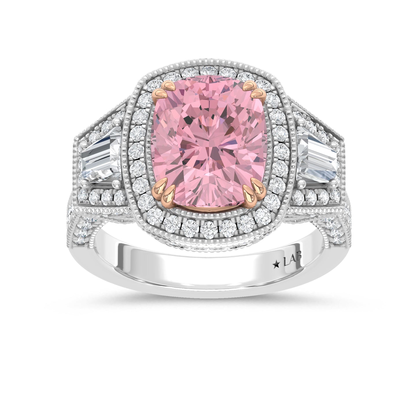 14K Two Tone Lab Grown Diamond 6 1/2 Ct.Tw. Pink Cushion Engagement Ring (Center 5ct)