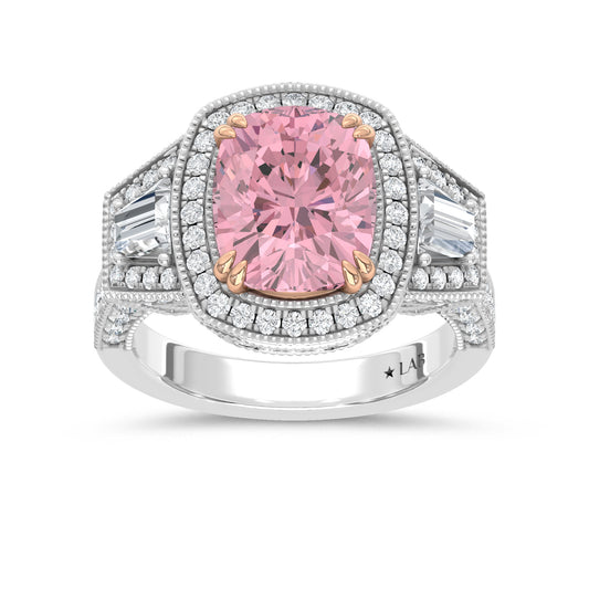 14K Two Tone Lab Grown Diamond 6 1/2 Ct.Tw. Pink Cushion Engagement Ring (Center 5ct)