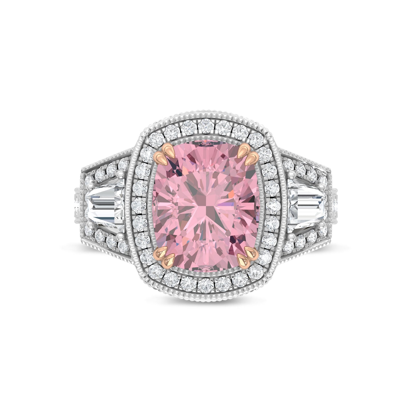 14K Two Tone Lab Grown Diamond 6 1/2 Ct.Tw. Pink Cushion Engagement Ring (Center 5ct)