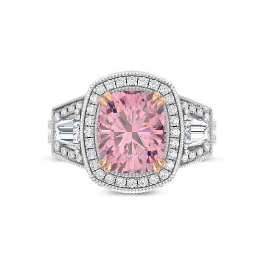 14K Two Tone Lab Grown Diamond 6 1/2 Ct.Tw. Pink Cushion Engagement Ring (Center 5ct)