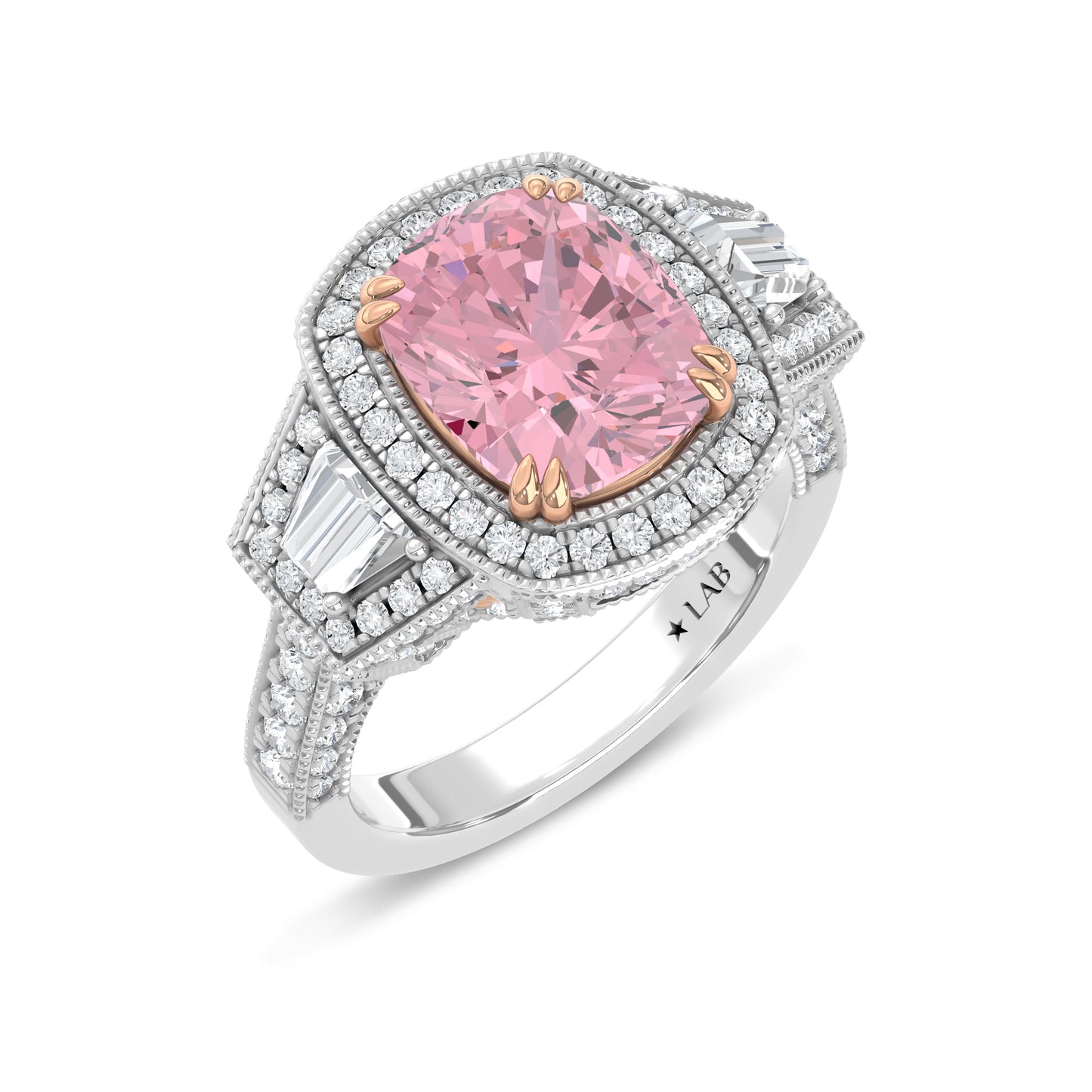 14K Two Tone Lab Grown Diamond 6 1/2 Ct.Tw. Pink Cushion Engagement Ring (Center 5ct)