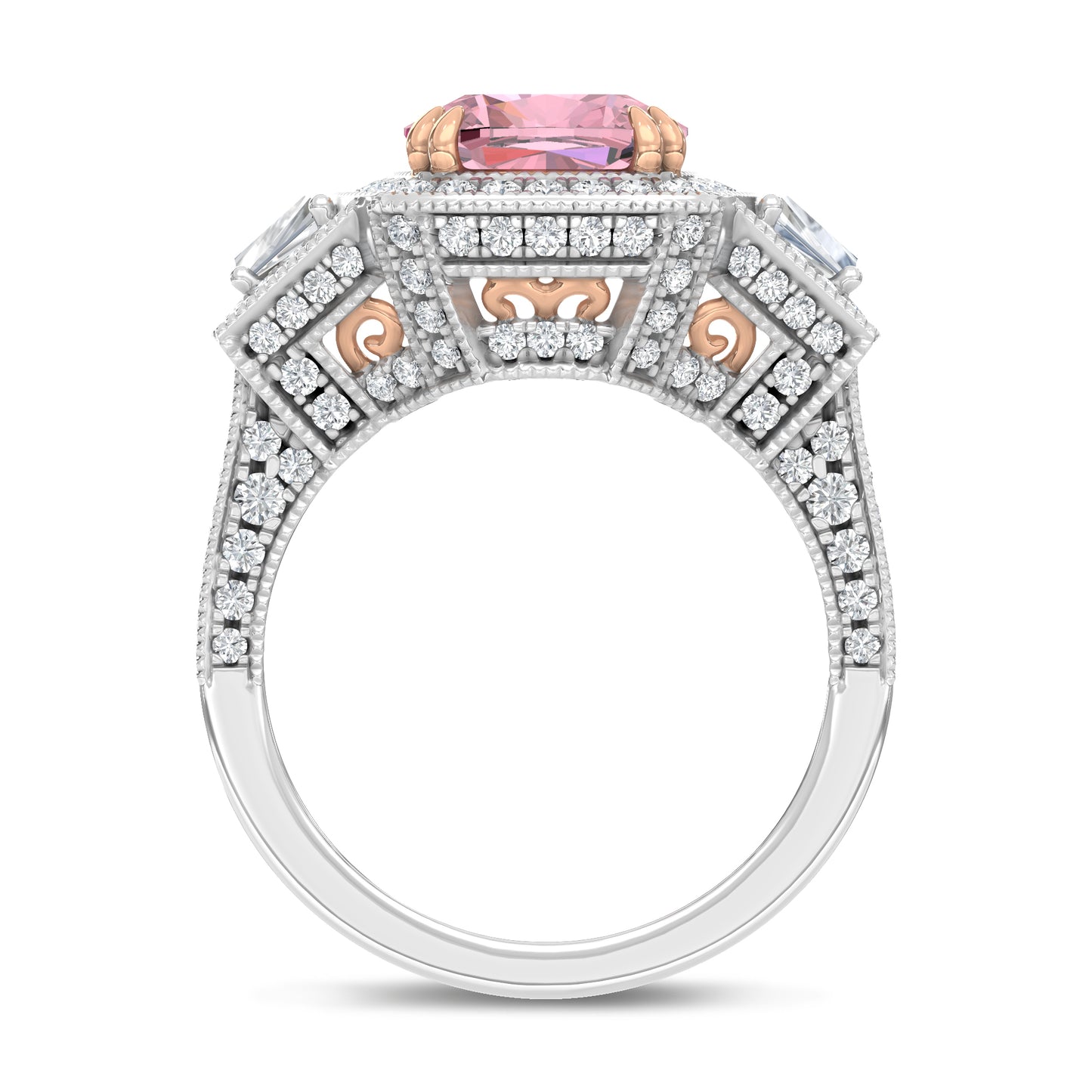 14K Two Tone Lab Grown Diamond 6 1/2 Ct.Tw. Pink Cushion Engagement Ring (Center 5ct)