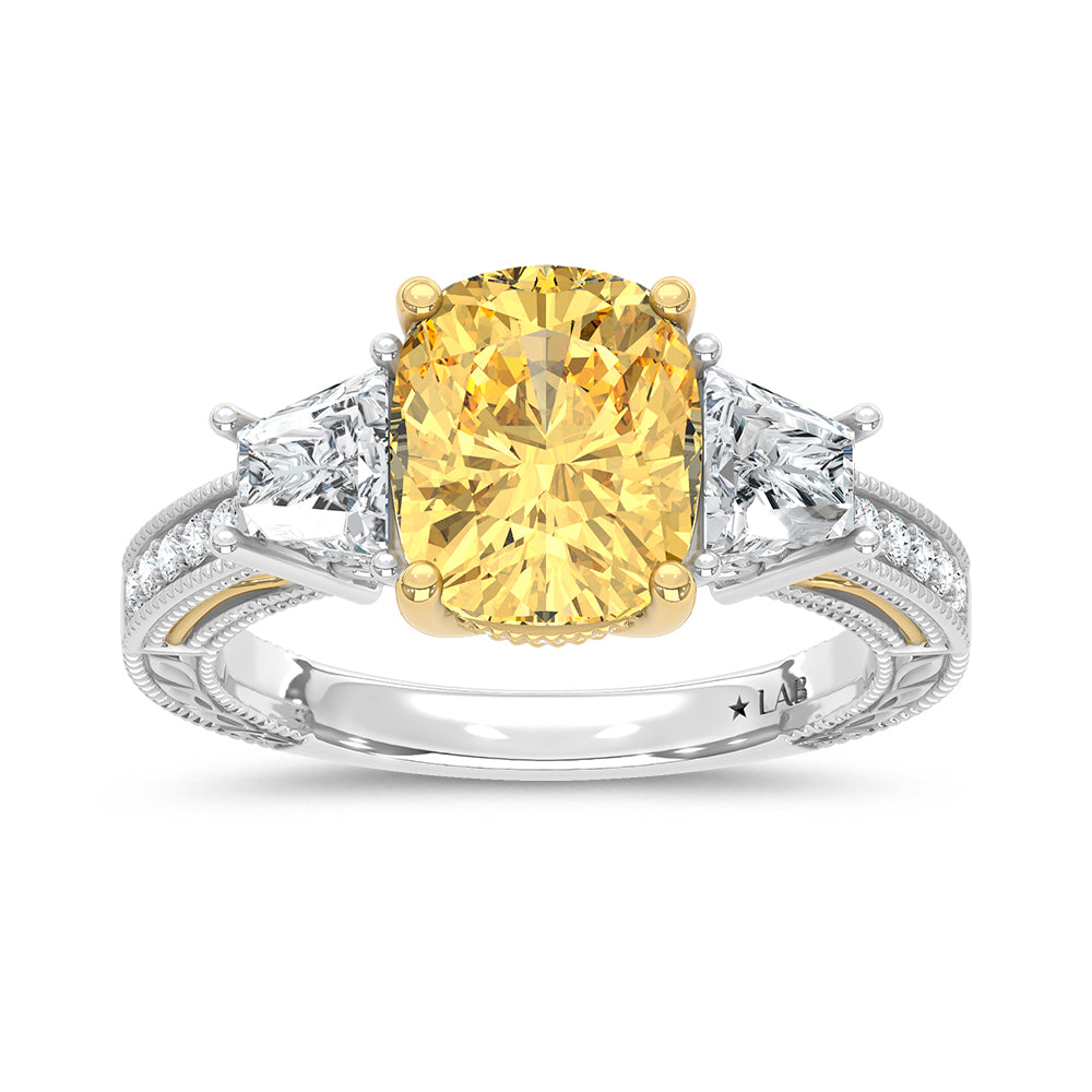 14K Two Tone Gold Lab Grown Diamond 5 1/6 Ct.Tw. Yellow Cushion Engagement Ring (Center 4ct)