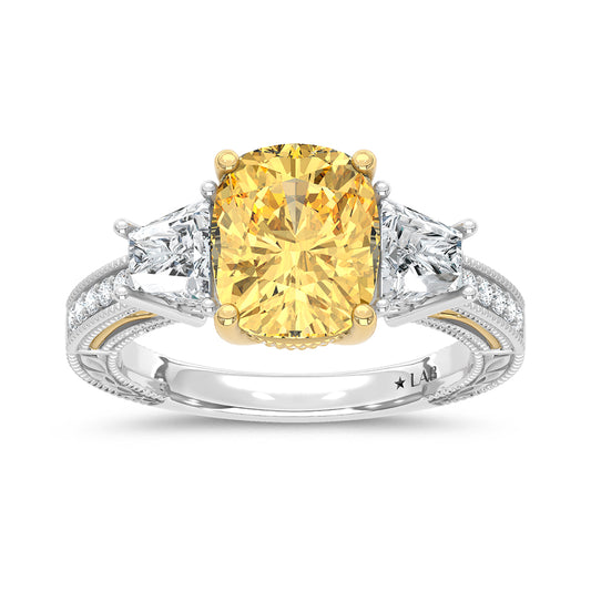14K Two Tone Gold Lab Grown Diamond 5 1/6 Ct.Tw. Yellow Cushion Engagement Ring (Center 4ct)
