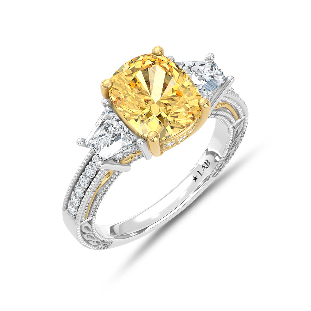 14K Two Tone Gold Lab Grown Diamond 5 1/6 Ct.Tw. Yellow Cushion Engagement Ring (Center 4ct)