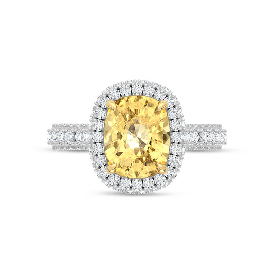 14K Two Tone Gold Lab Grown Diamond 5 5/8 Ct.Tw. Yellow Cushion Engagement Ring (Center 4ct)