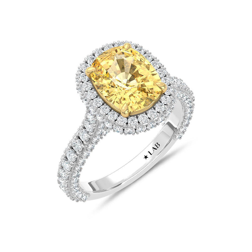 14K Two Tone Gold Lab Grown Diamond 5 5/8 Ct.Tw. Yellow Cushion Engagement Ring (Center 4ct)