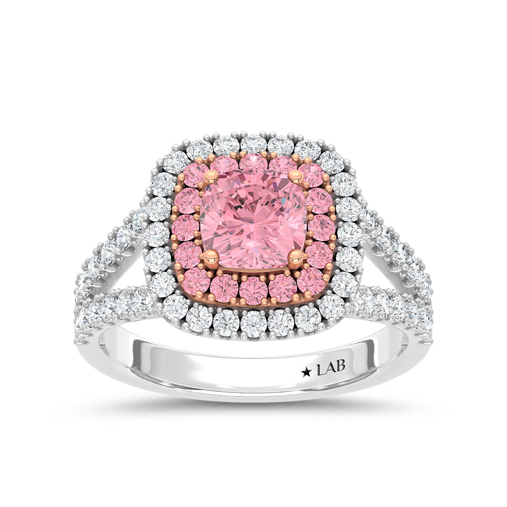 14K Two Tone Lab Grown Diamond 2 1/2 Ct.Tw. Pink Cushion Engagement Ring (Center 2 ct)