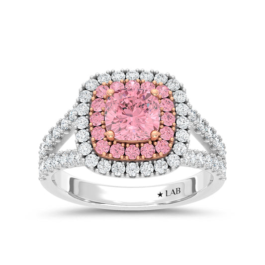 14K Two Tone Lab Grown Diamond 2 1/2 Ct.Tw. Pink Cushion Engagement Ring (Center 2 ct)
