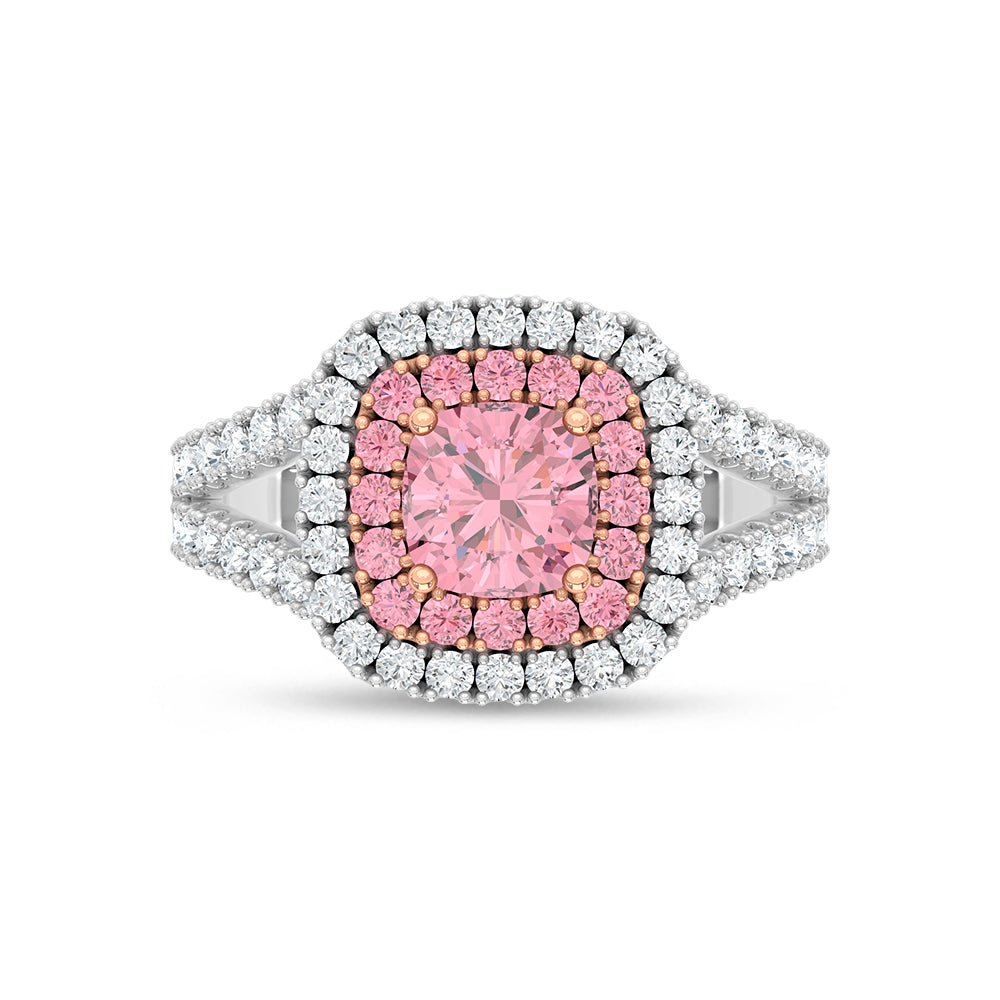 14K Two Tone Lab Grown Diamond 2 1/2 Ct.Tw. Pink Cushion Engagement Ring (Center 2 ct)
