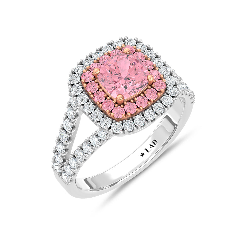 14K Two Tone Lab Grown Diamond 2 1/2 Ct.Tw. Pink Cushion Engagement Ring (Center 2 ct)